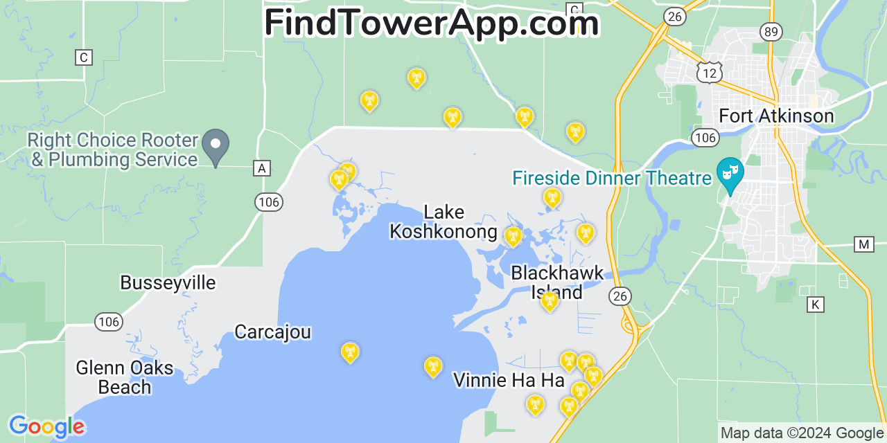 AT&T 4G/5G cell tower coverage map Lake Koshkonong, Wisconsin