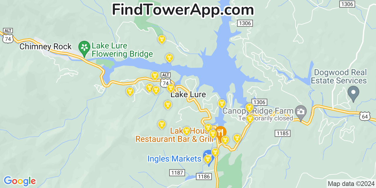 AT&T 4G/5G cell tower coverage map Lake Lure, North Carolina