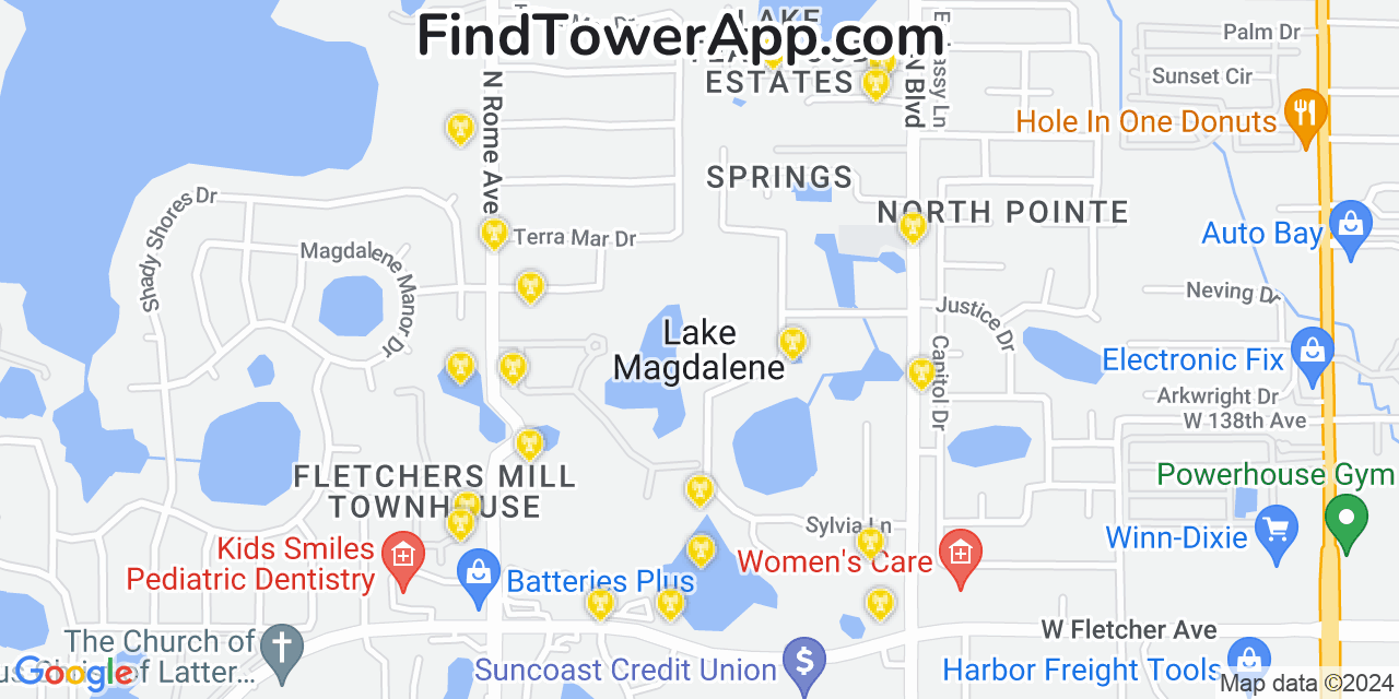 AT&T 4G/5G cell tower coverage map Lake Magdalene, Florida