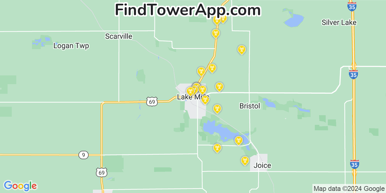 AT&T 4G/5G cell tower coverage map Lake Mills, Iowa