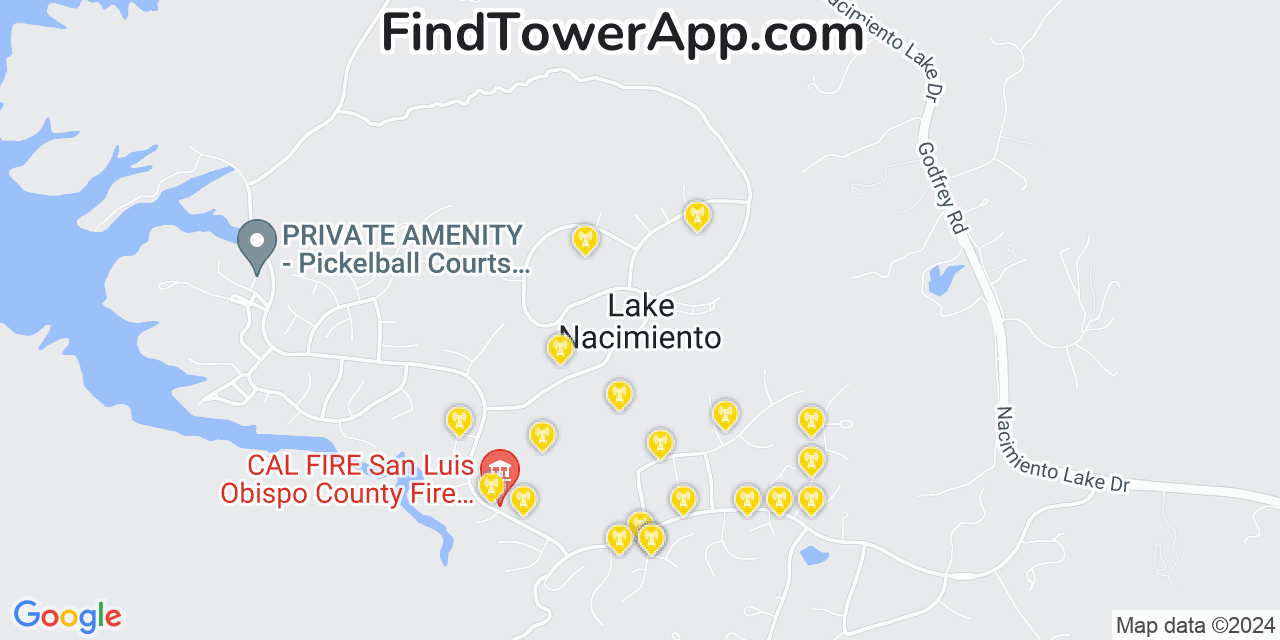 AT&T 4G/5G cell tower coverage map Lake Nacimiento, California