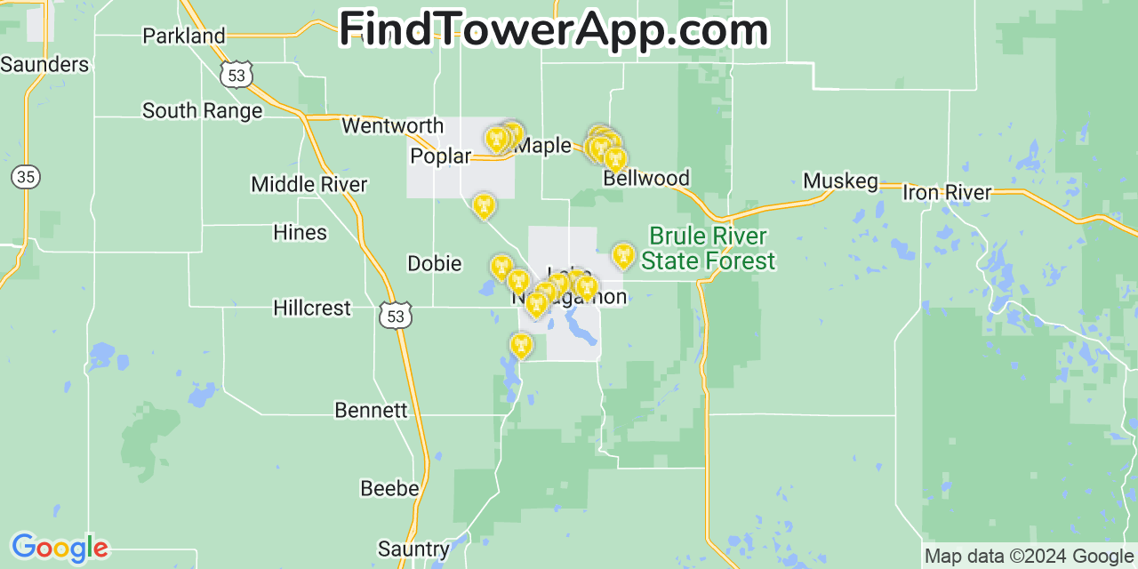 AT&T 4G/5G cell tower coverage map Lake Nebagamon, Wisconsin