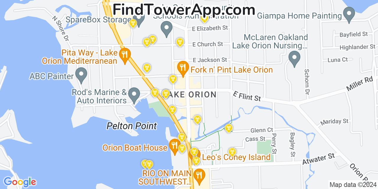 AT&T 4G/5G cell tower coverage map Lake Orion, Michigan