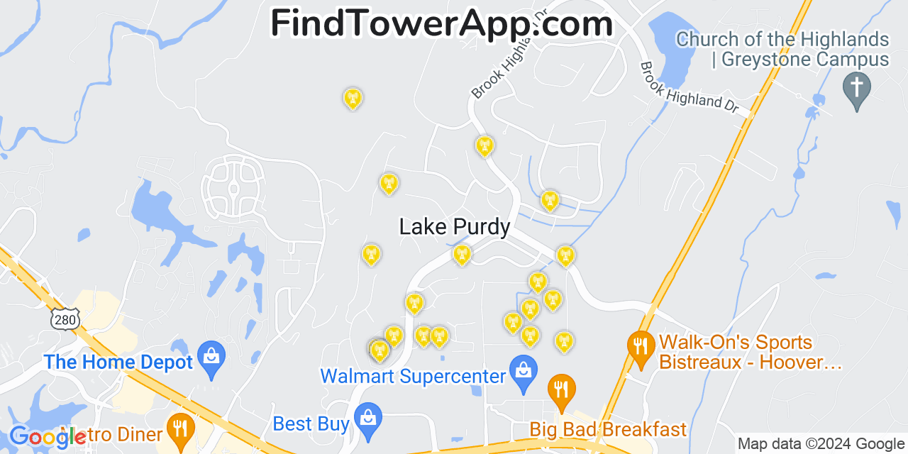 AT&T 4G/5G cell tower coverage map Lake Purdy, Alabama