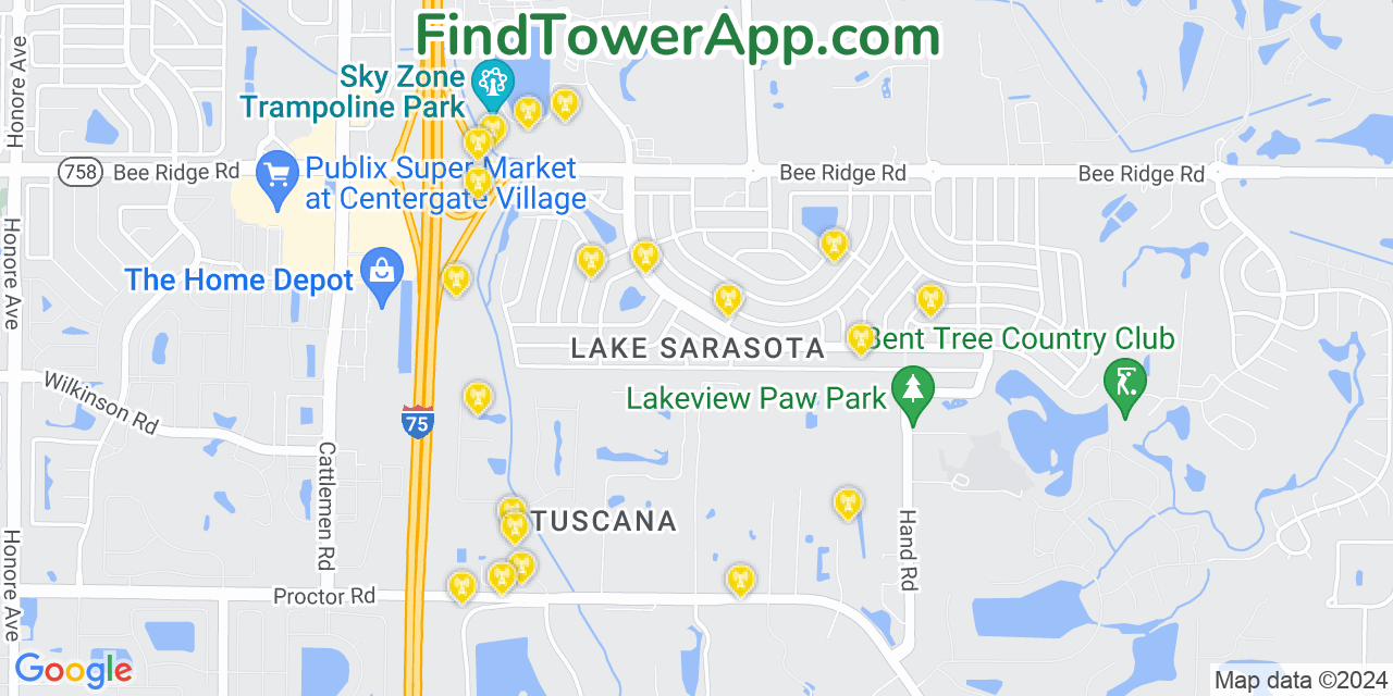 AT&T 4G/5G cell tower coverage map Lake Sarasota, Florida