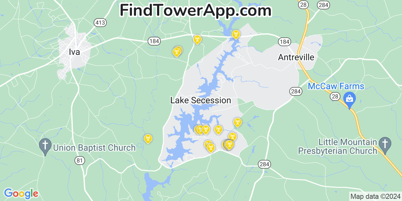 AT&T 4G/5G cell tower coverage map Lake Secession, South Carolina