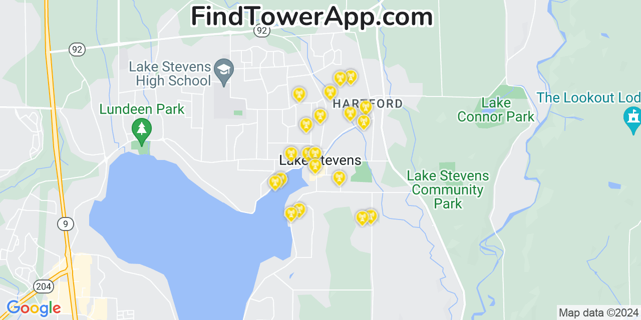 AT&T 4G/5G cell tower coverage map Lake Stevens, Washington