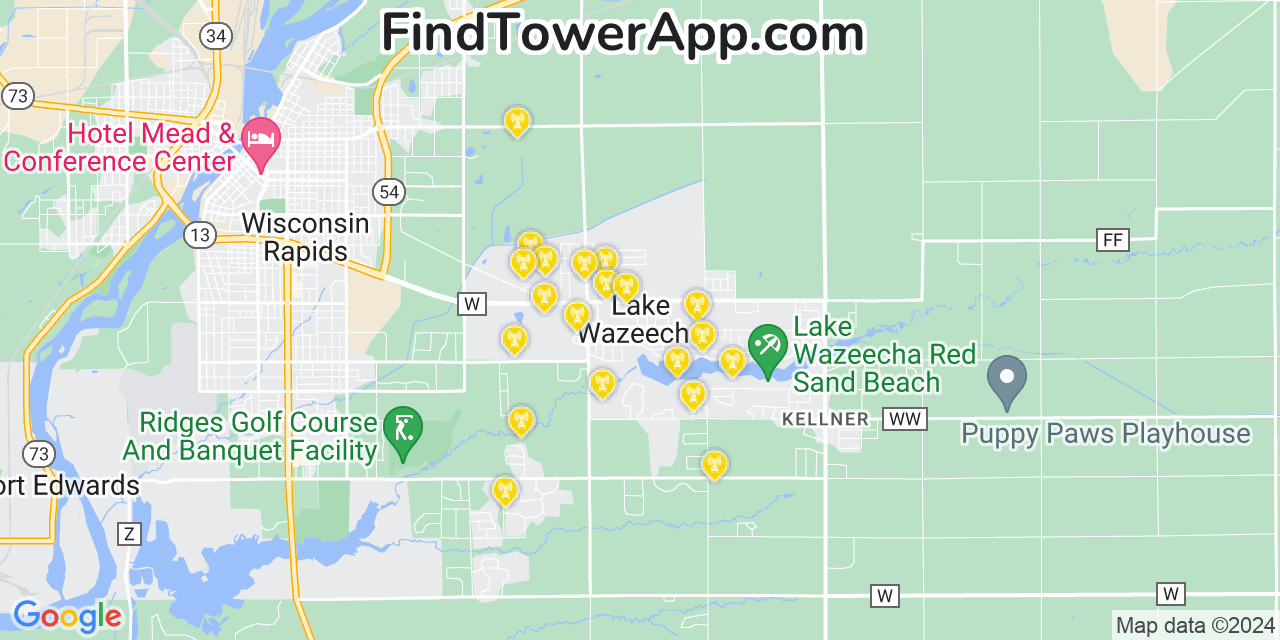 AT&T 4G/5G cell tower coverage map Lake Wazeecha, Wisconsin