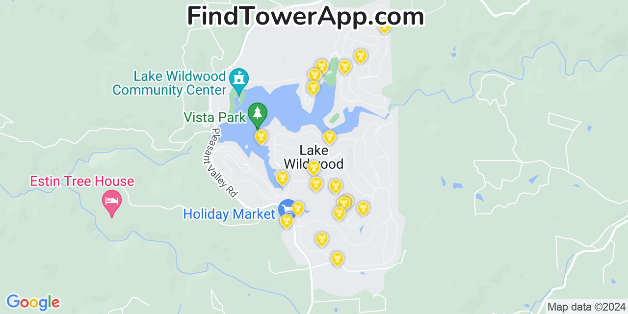 Verizon 4G/5G cell tower coverage map Lake Wildwood, California