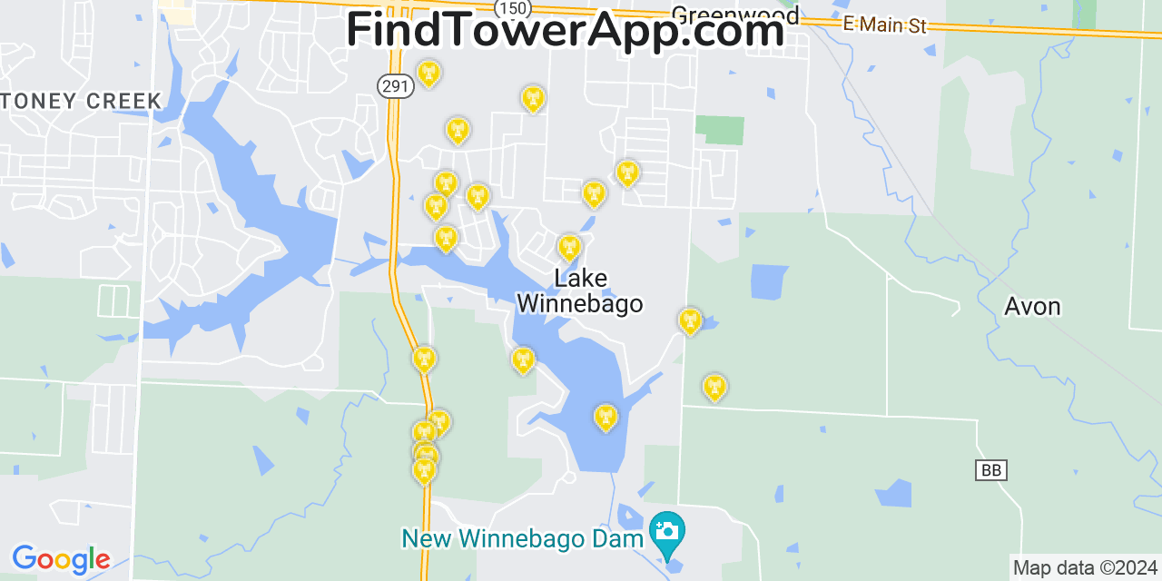 AT&T 4G/5G cell tower coverage map Lake Winnebago, Missouri