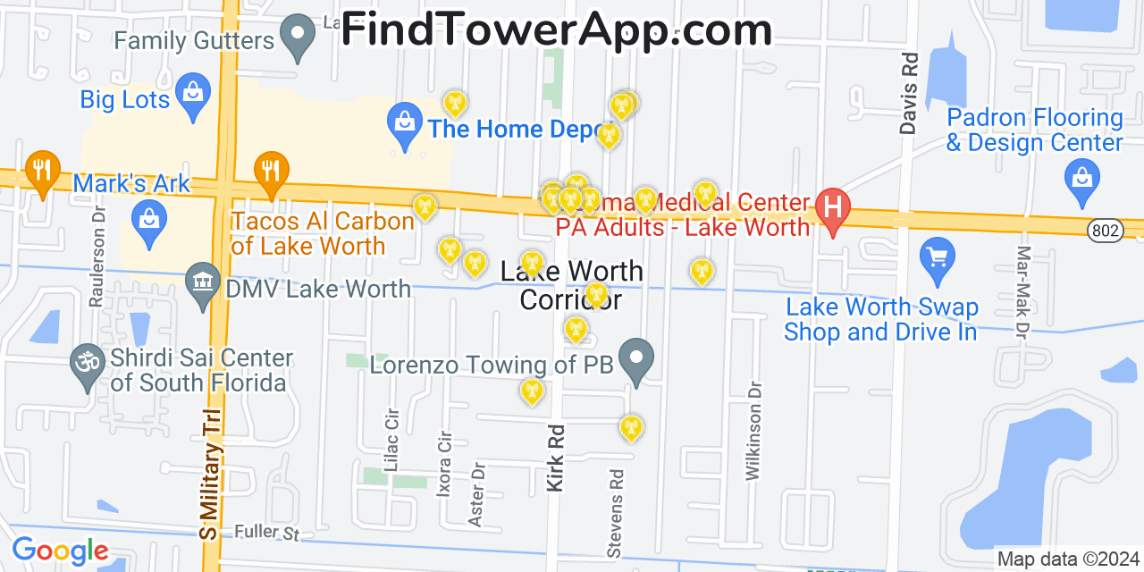 AT&T 4G/5G cell tower coverage map Lake Worth Corridor, Florida