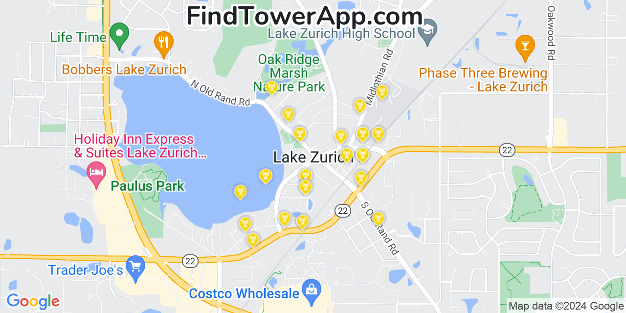 AT&T 4G/5G cell tower coverage map Lake Zurich, Illinois