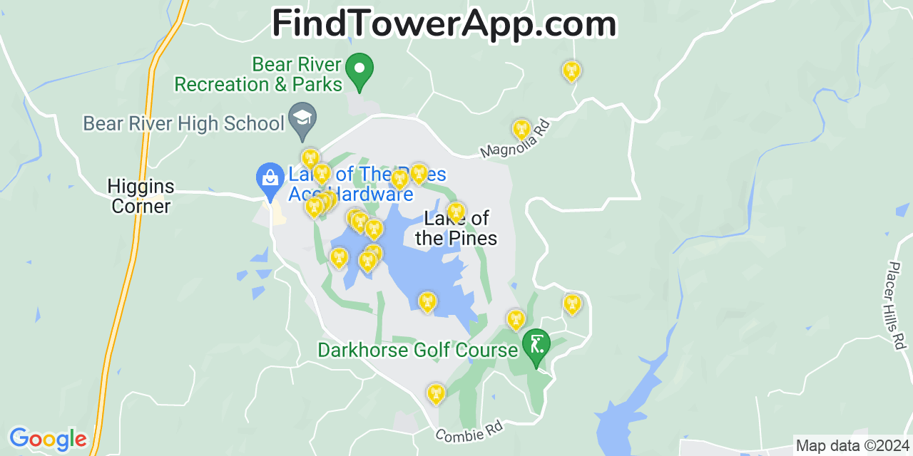 AT&T 4G/5G cell tower coverage map Lake of the Pines, California