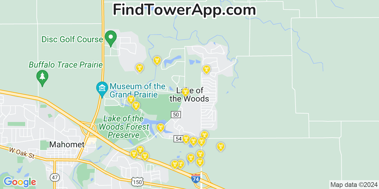 AT&T 4G/5G cell tower coverage map Lake of the Woods, Illinois