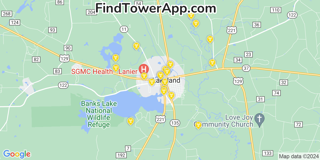 AT&T 4G/5G cell tower coverage map Lakeland, Georgia