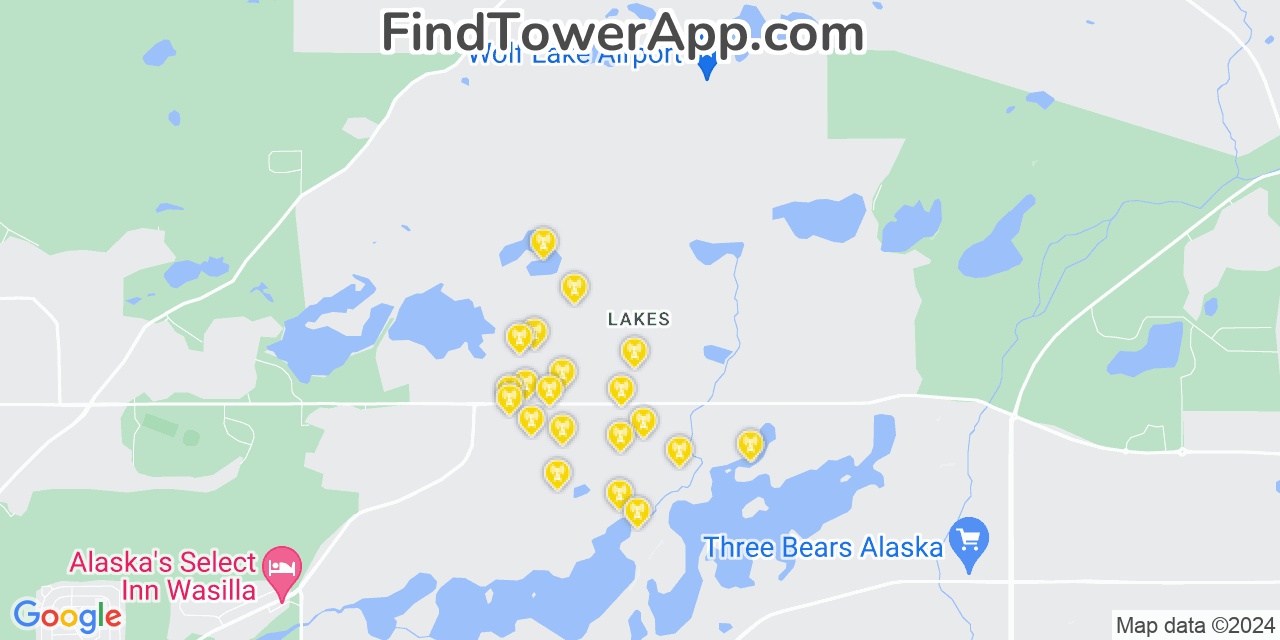 AT&T 4G/5G cell tower coverage map Lakes, Alaska