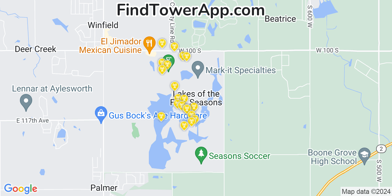 T-Mobile 4G/5G cell tower coverage map Lakes of the Four Seasons, Indiana