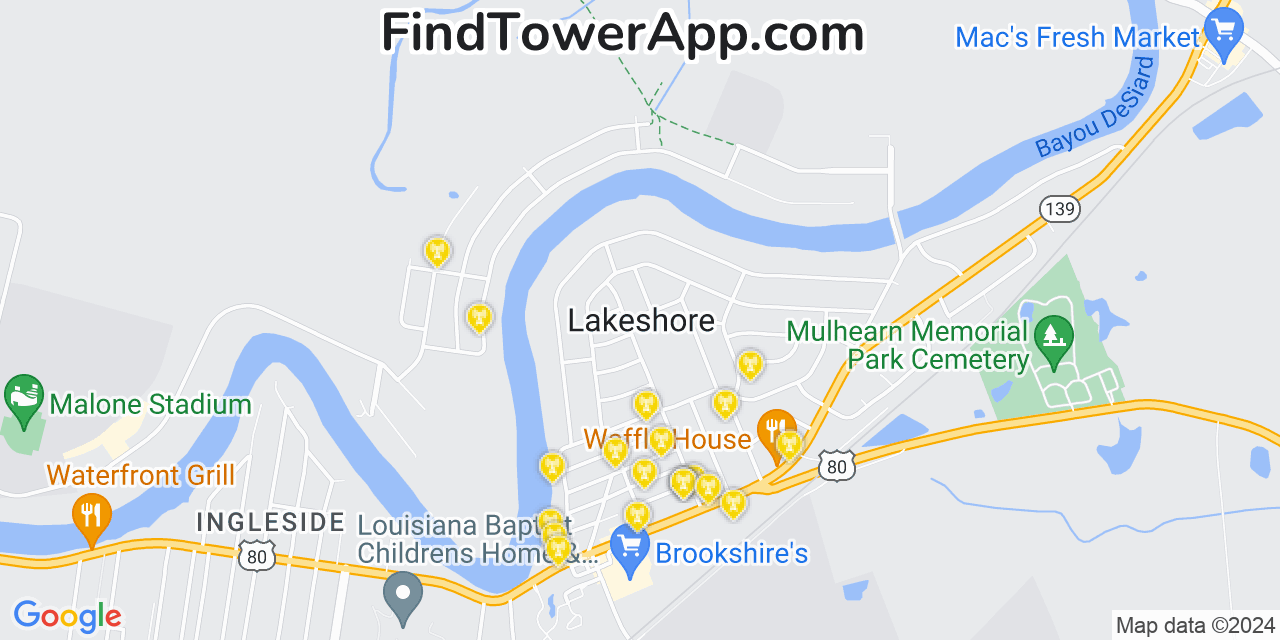 AT&T 4G/5G cell tower coverage map Lakeshore, Louisiana