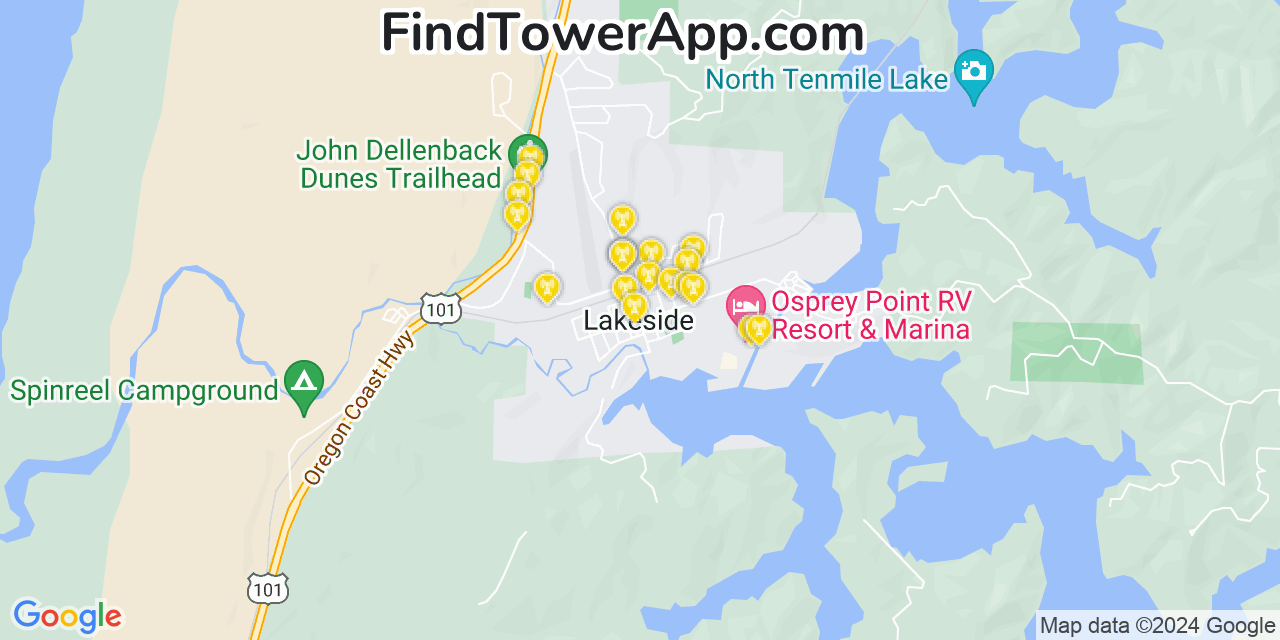 Verizon 4G/5G cell tower coverage map Lakeside, Oregon