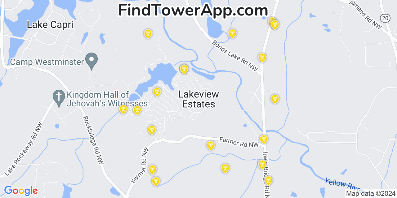 AT&T 4G/5G cell tower coverage map Lakeview Estates, Georgia