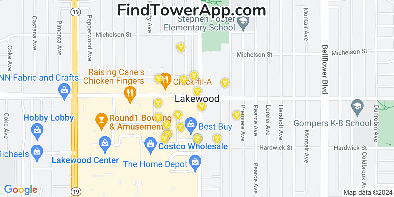 AT&T 4G/5G cell tower coverage map Lakewood, California