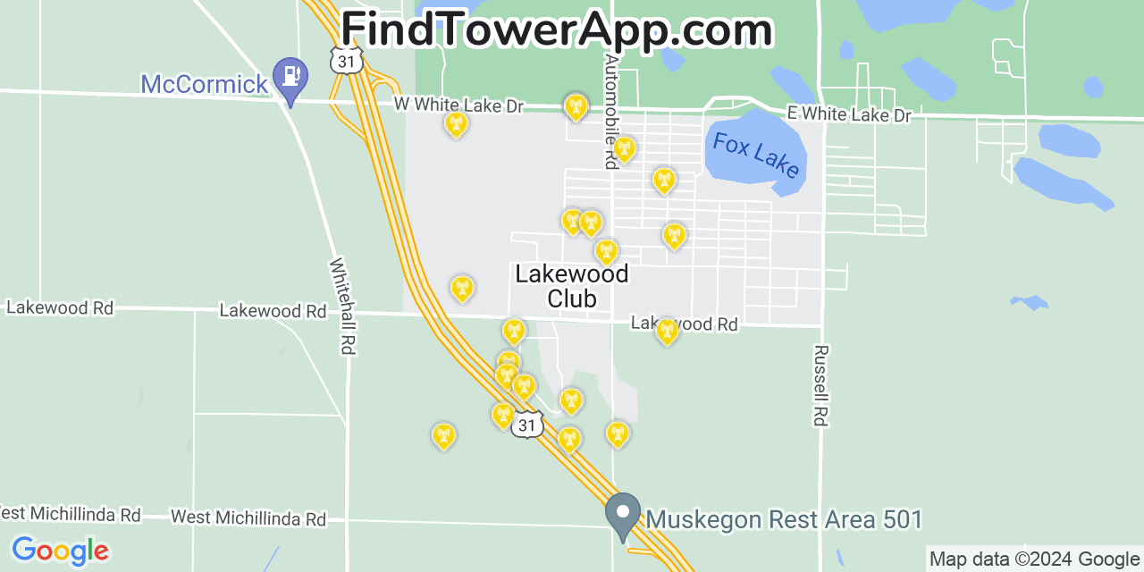 AT&T 4G/5G cell tower coverage map Lakewood Club, Michigan