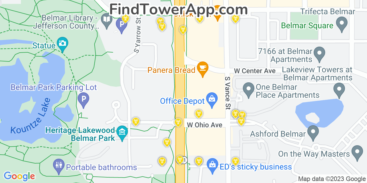 AT&T 4G/5G cell tower coverage map Lakewood, Colorado