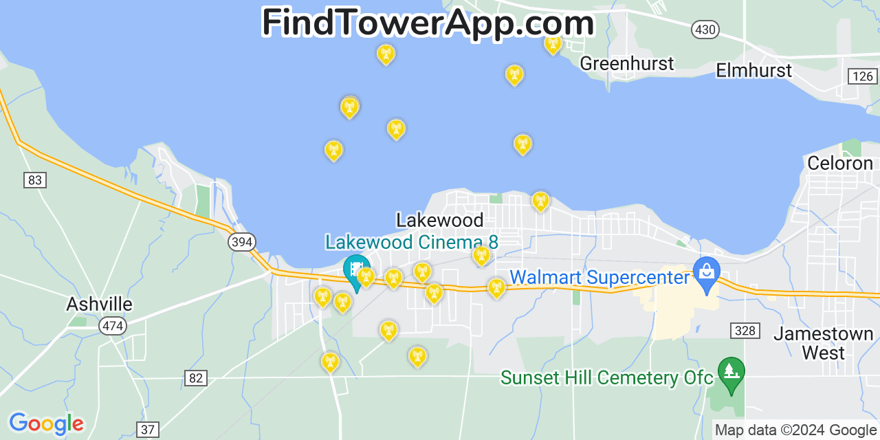 AT&T 4G/5G cell tower coverage map Lakewood, New York
