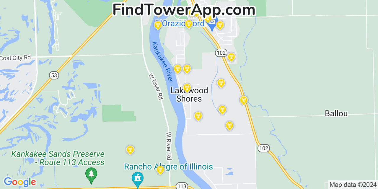 AT&T 4G/5G cell tower coverage map Lakewood Shores, Illinois