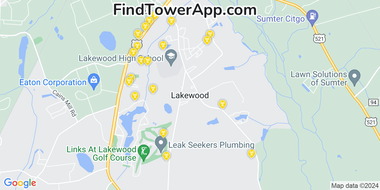 AT&T 4G/5G cell tower coverage map Lakewood, South Carolina