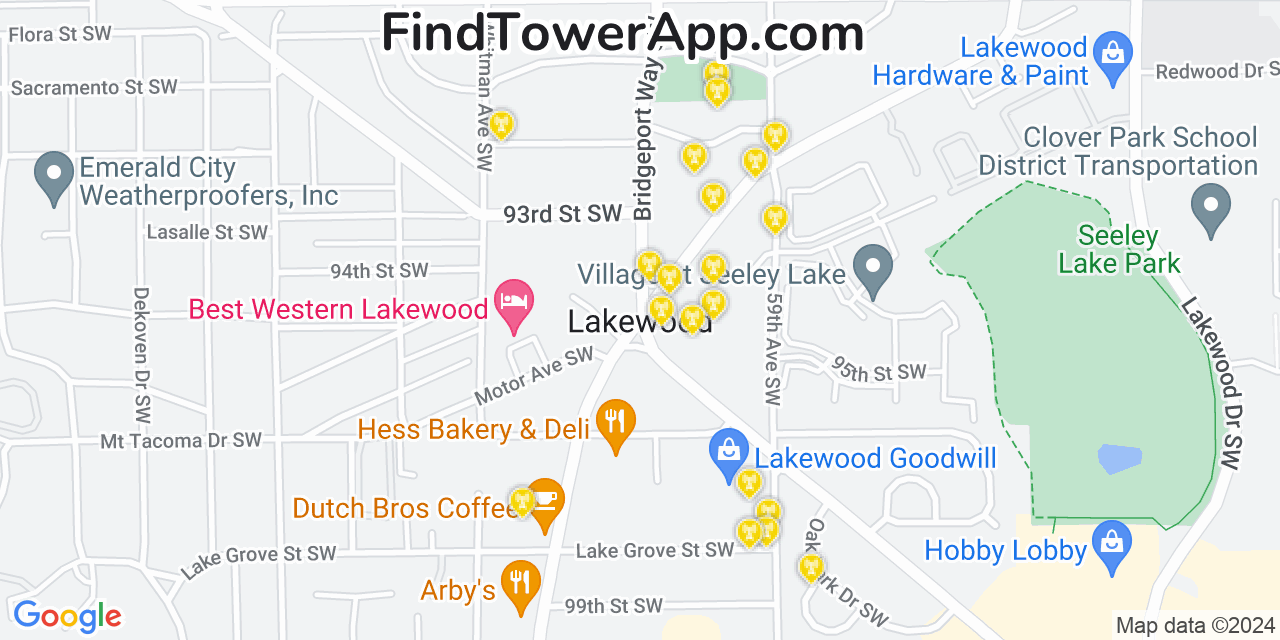 AT&T 4G/5G cell tower coverage map Lakewood, Washington