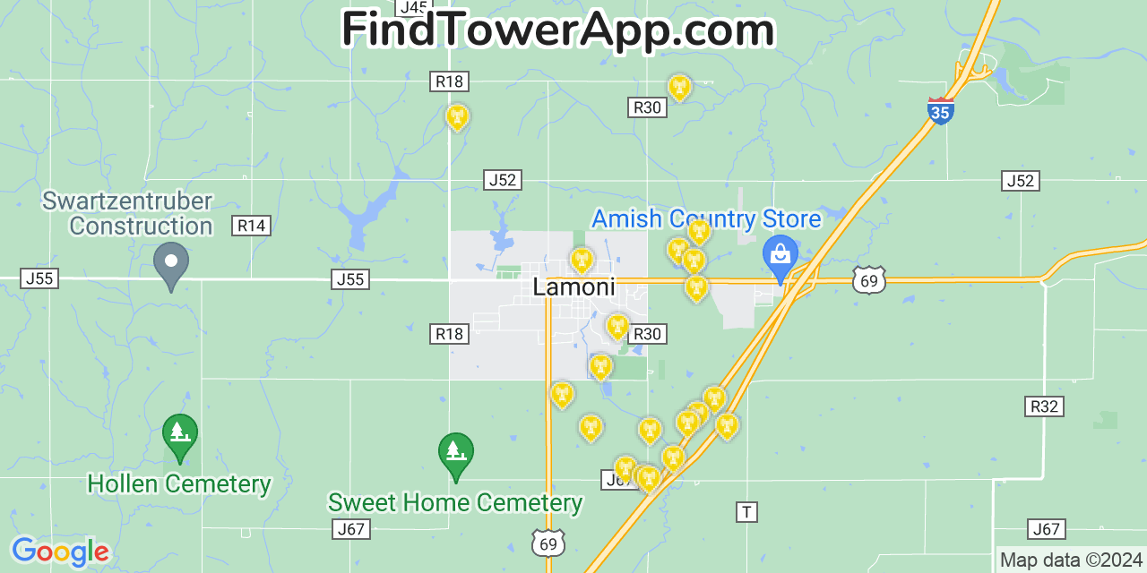 AT&T 4G/5G cell tower coverage map Lamoni, Iowa