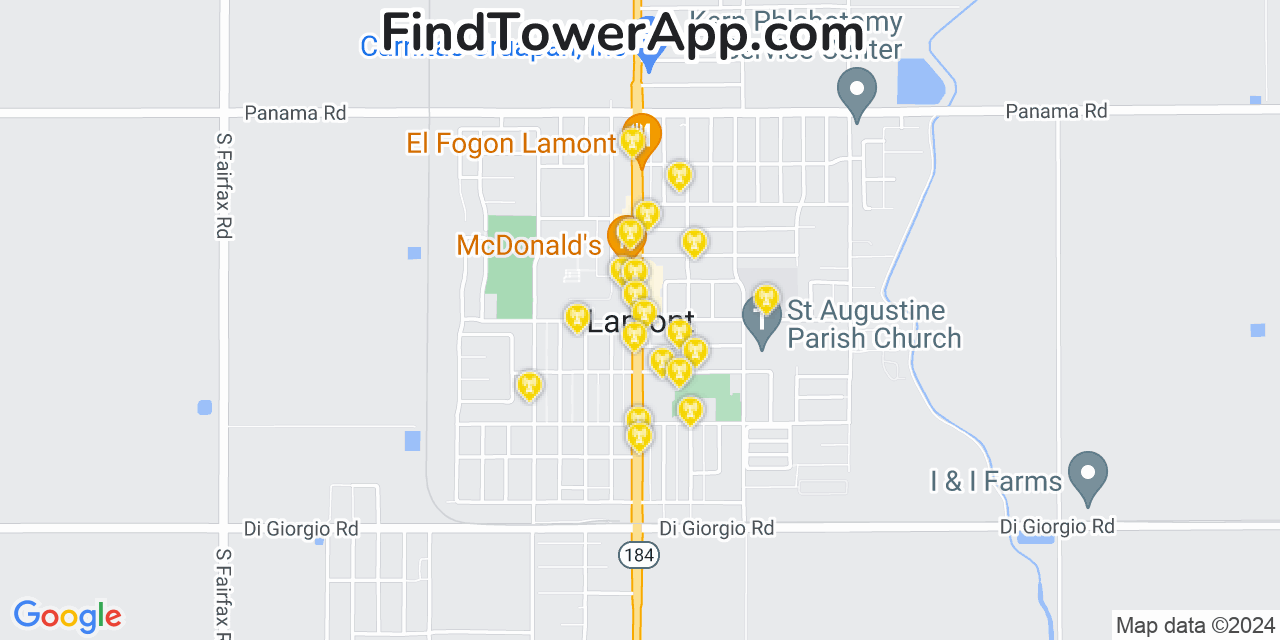 AT&T 4G/5G cell tower coverage map Lamont, California