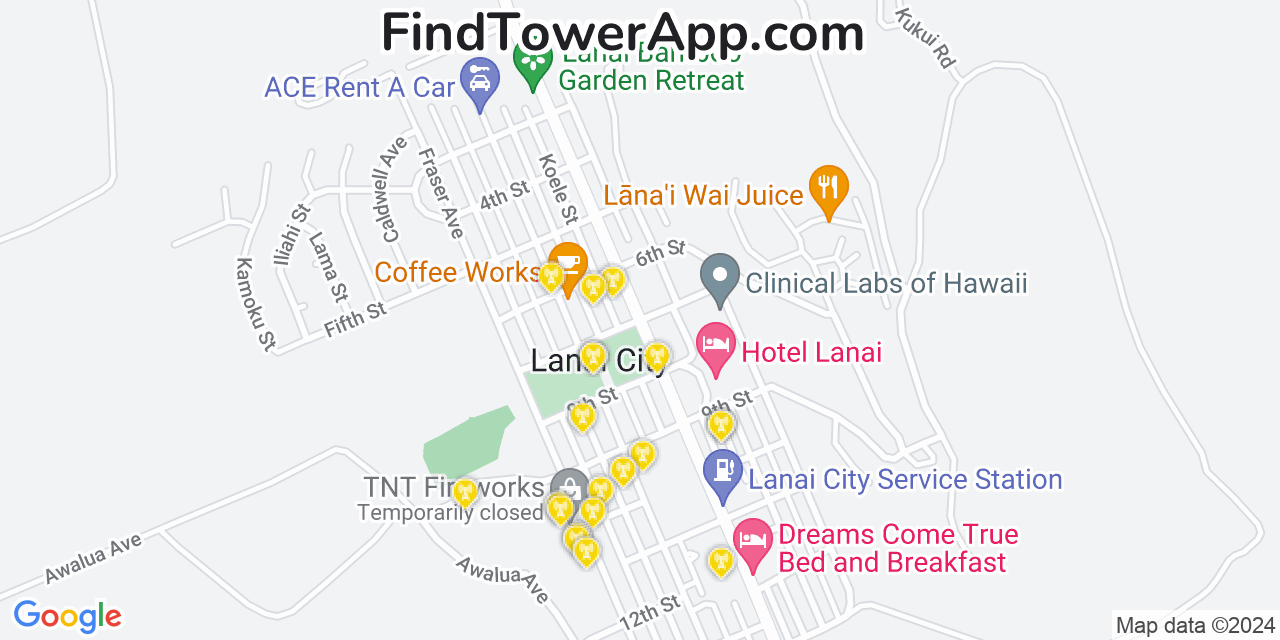 AT&T 4G/5G cell tower coverage map Lanai City, Hawaii