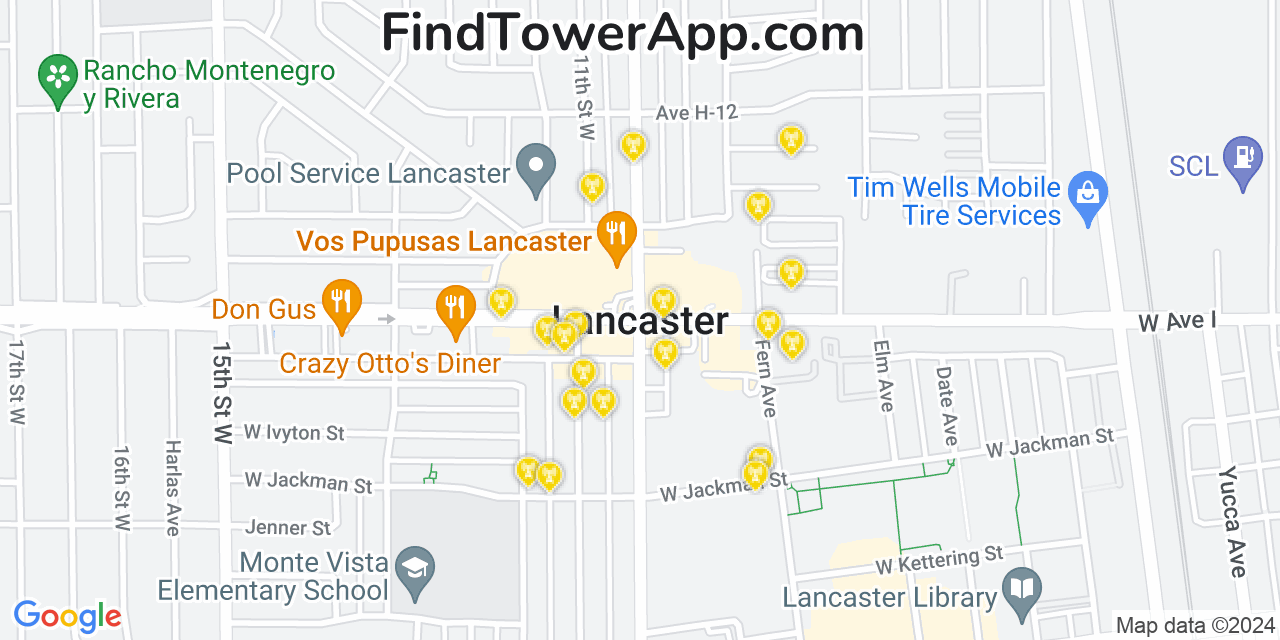AT&T 4G/5G cell tower coverage map Lancaster, California
