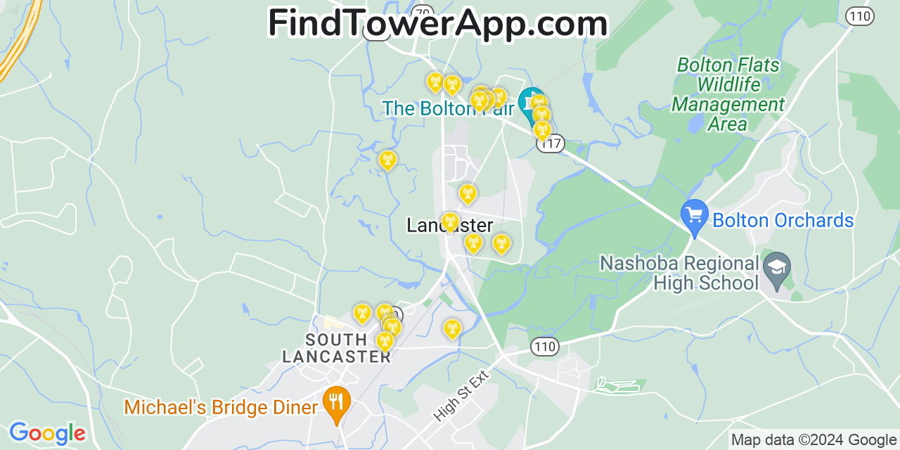 AT&T 4G/5G cell tower coverage map Lancaster, Massachusetts