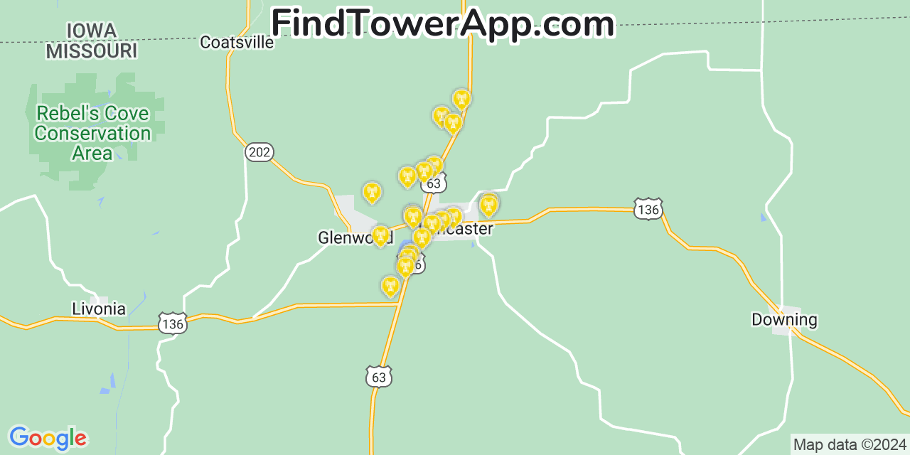 AT&T 4G/5G cell tower coverage map Lancaster, Missouri