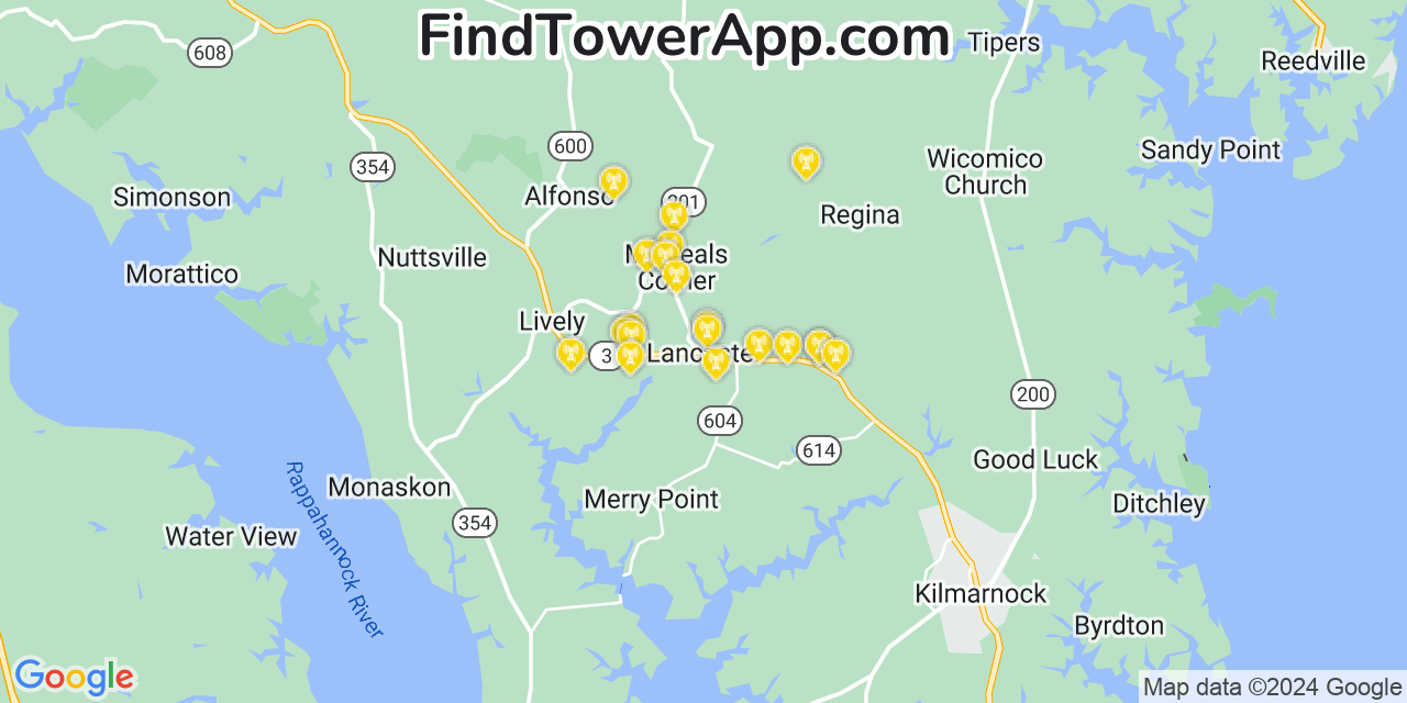 AT&T 4G/5G cell tower coverage map Lancaster, Virginia