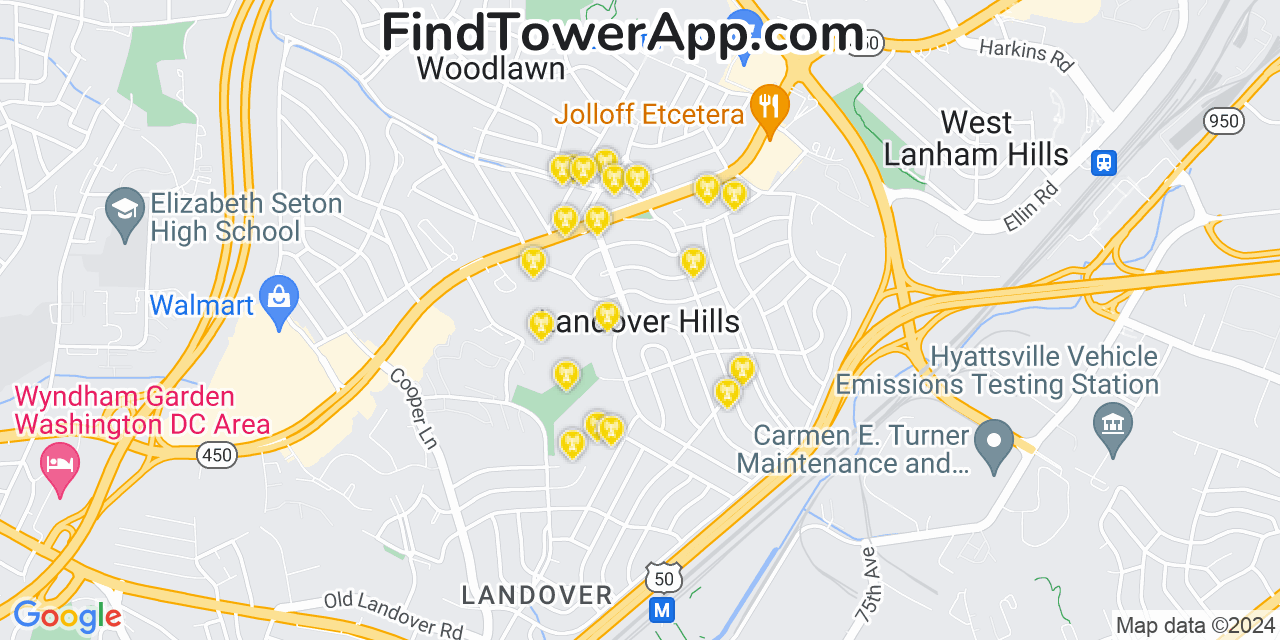 AT&T 4G/5G cell tower coverage map Landover Hills, Maryland