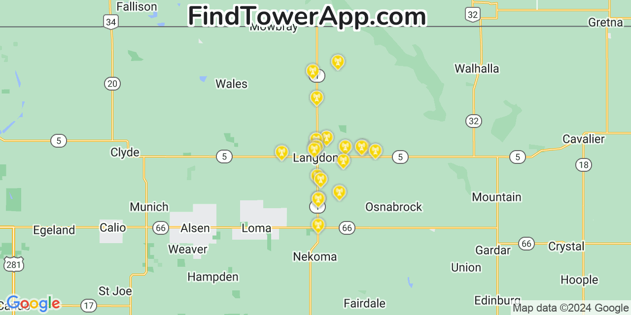 AT&T 4G/5G cell tower coverage map Langdon, North Dakota