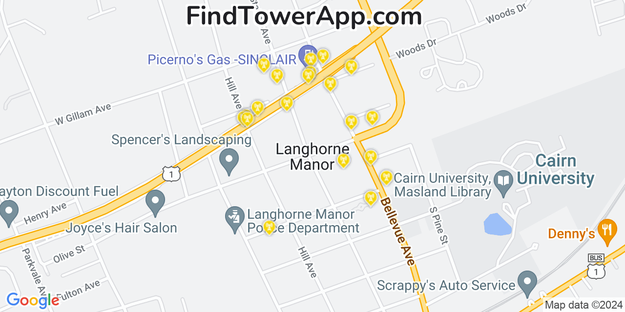 AT&T 4G/5G cell tower coverage map Langhorne Manor, Pennsylvania