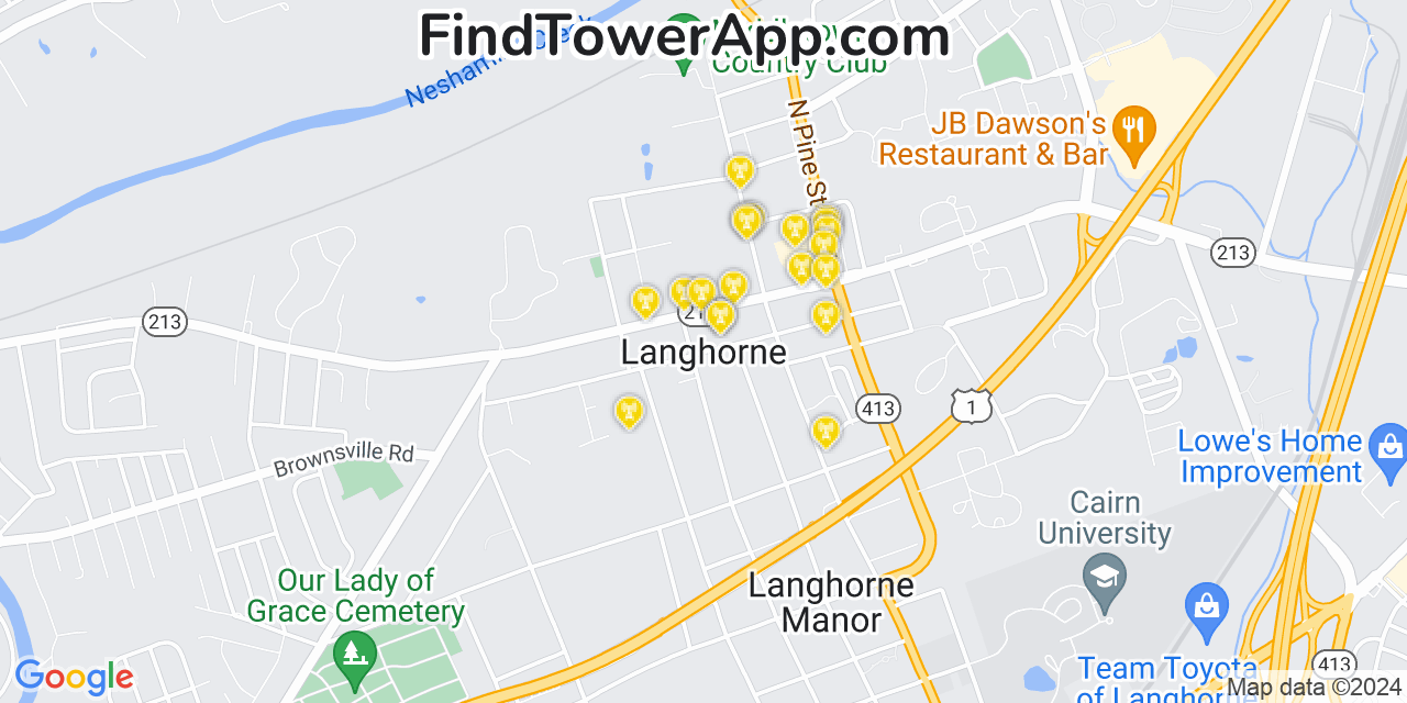 AT&T 4G/5G cell tower coverage map Langhorne, Pennsylvania
