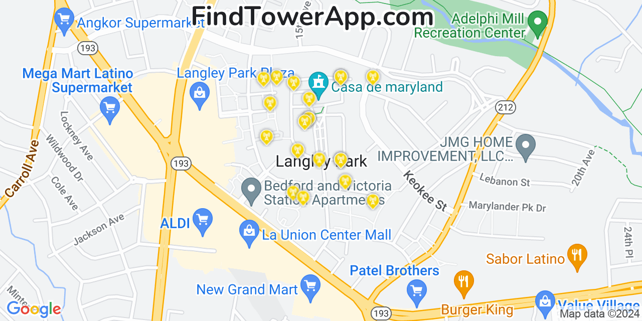 AT&T 4G/5G cell tower coverage map Langley Park, Maryland