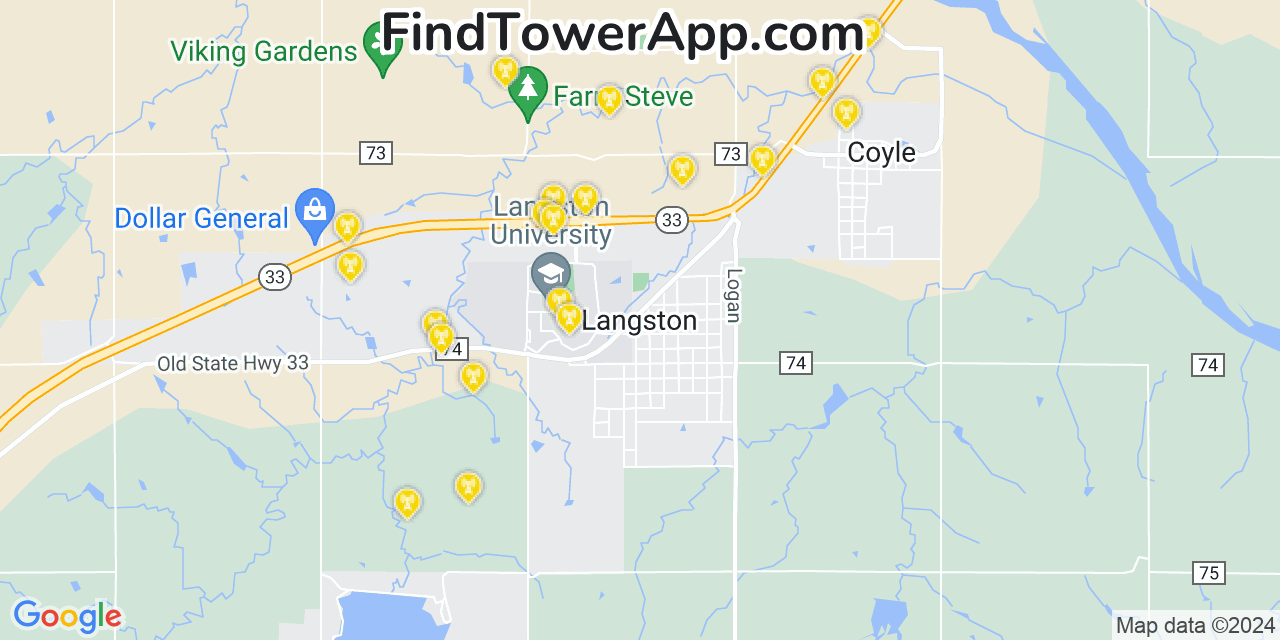 AT&T 4G/5G cell tower coverage map Langston, Oklahoma