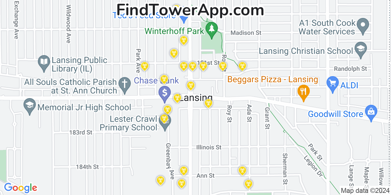 AT&T 4G/5G cell tower coverage map Lansing, Illinois