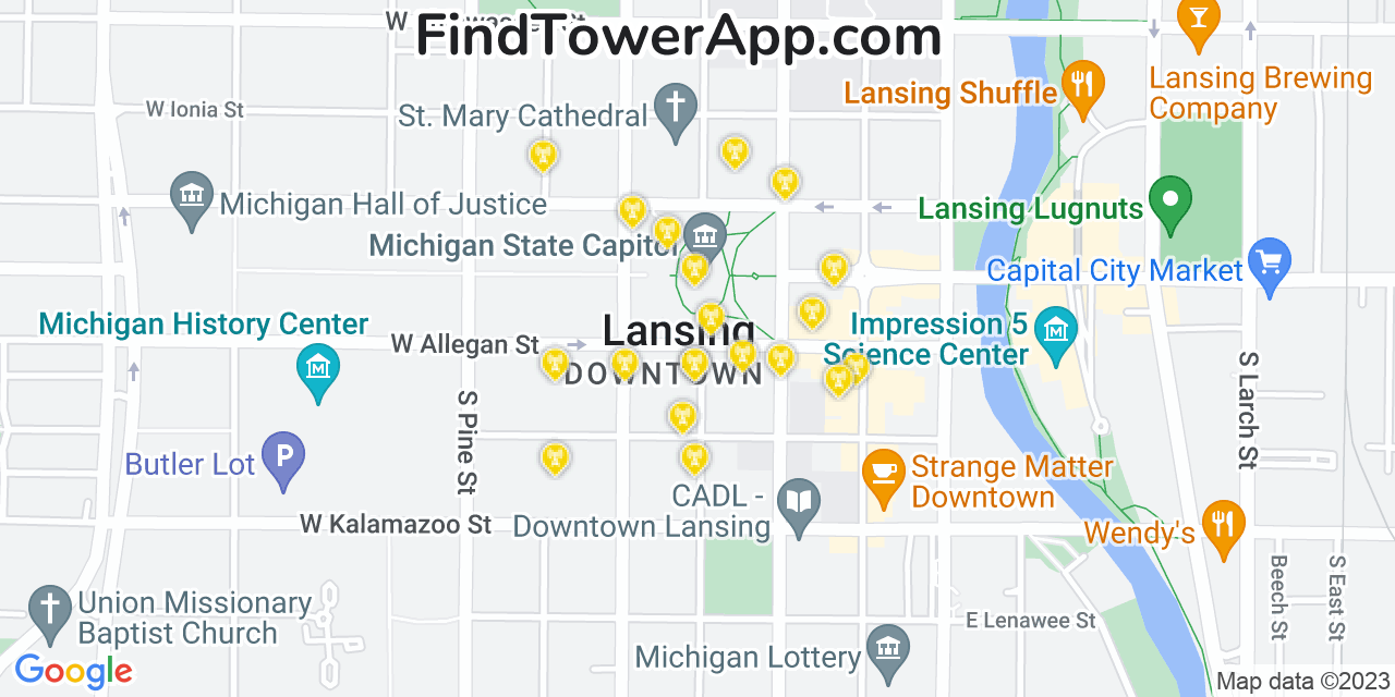 AT&T 4G/5G cell tower coverage map Lansing, Michigan
