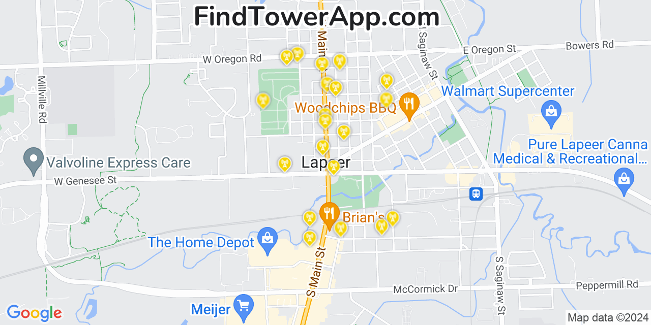 AT&T 4G/5G cell tower coverage map Lapeer, Michigan