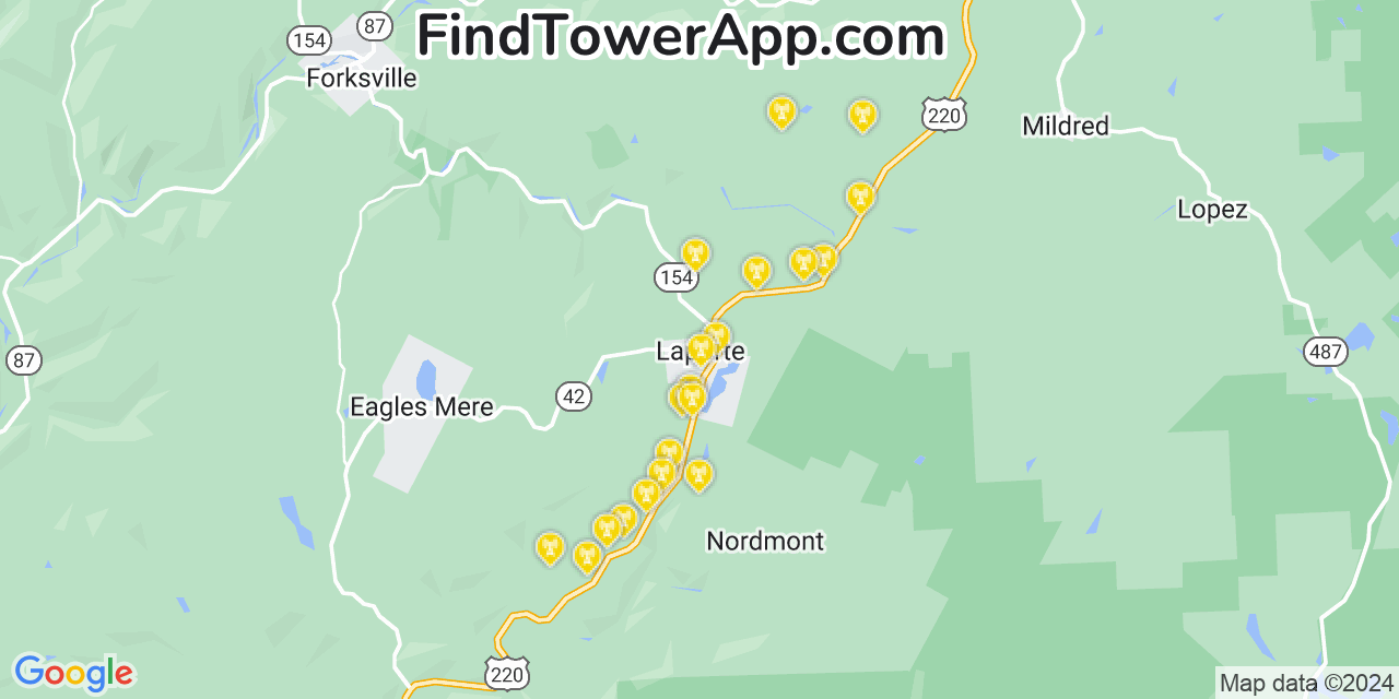 AT&T 4G/5G cell tower coverage map Laporte, Pennsylvania