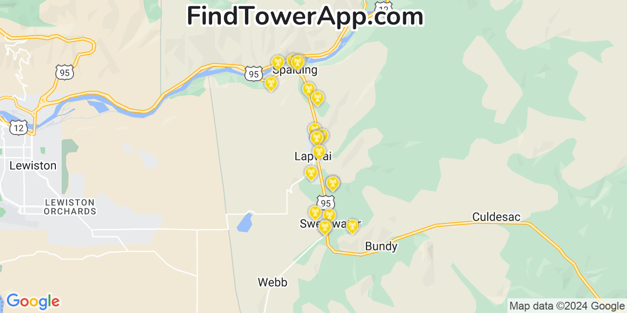 AT&T 4G/5G cell tower coverage map Lapwai, Idaho
