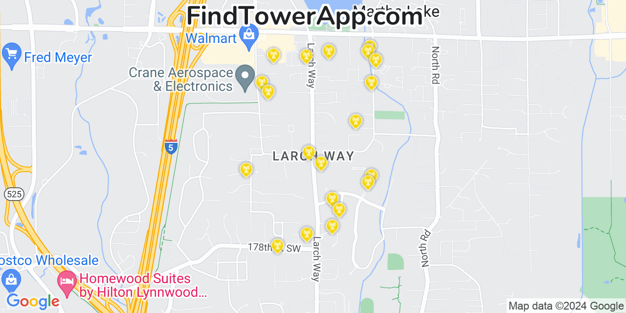 AT&T 4G/5G cell tower coverage map Larch Way, Washington